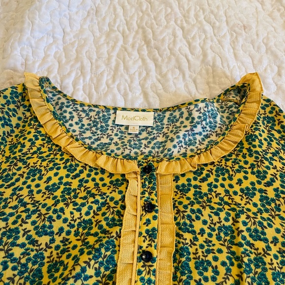 ModCloth size small yellow and teal floral print long sleeve blouse - Picture 3 of 3